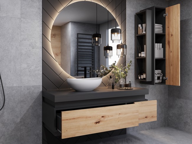 Łazienka Seli 1 czarny mat/dąb lefkas zestaw mebli wiszących