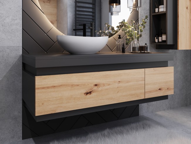 Łazienka Seli 2 czarny mat/dąb lefkas zestaw mebli wiszących
