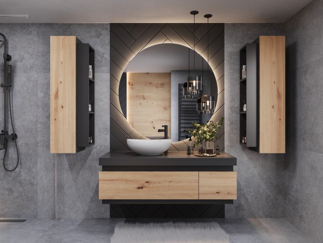 Łazienka Seli 2 czarny mat/dąb lefkas zestaw mebli wiszących