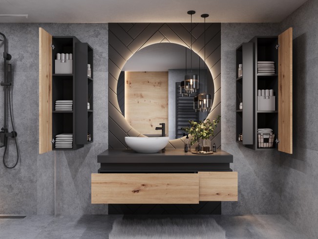 Łazienka Seli 2 czarny mat/dąb lefkas zestaw mebli wiszących