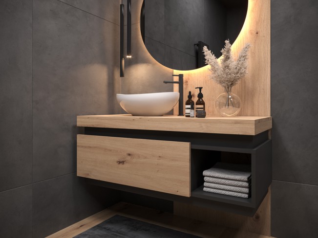 Szafka łazienkowa Koda dąb lefkas/czarny mat wisząca 100 cm