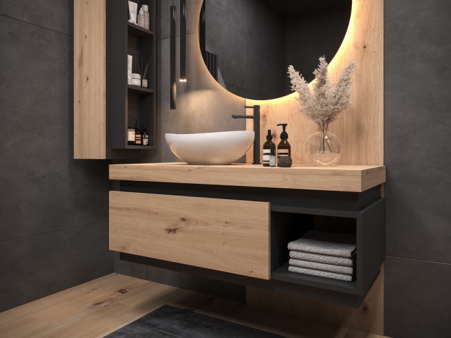 Łazienka Koda 1 dąb lefkas/czarny mat zestaw mebli wiszących