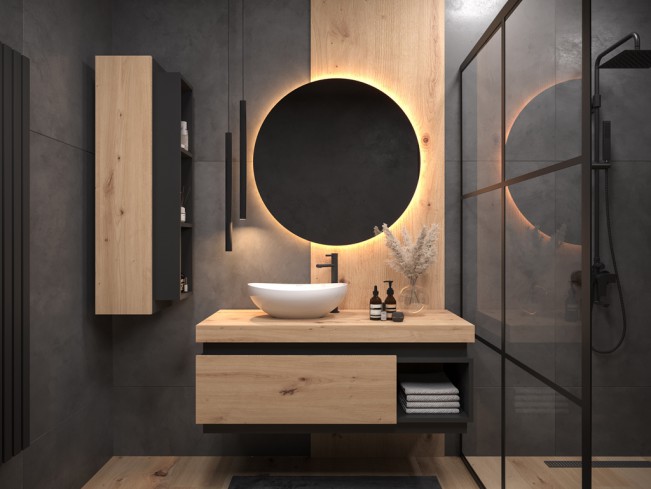 Łazienka Koda 1 dąb lefkas/czarny mat zestaw mebli wiszących