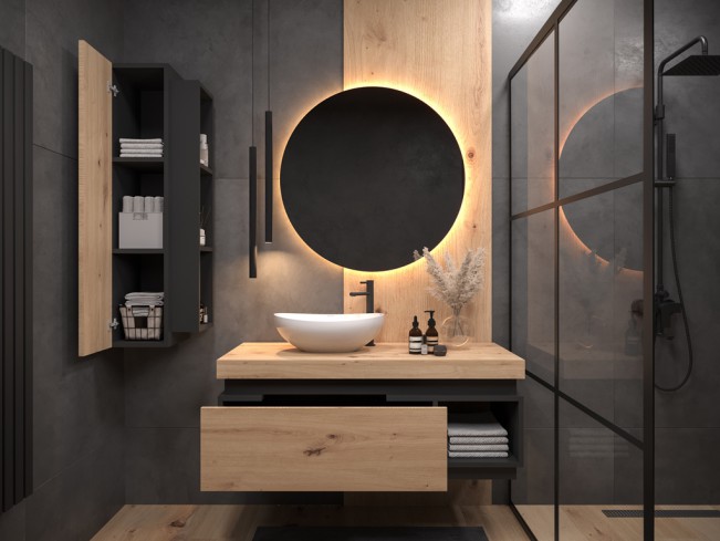 Łazienka Koda 1 dąb lefkas/czarny mat zestaw mebli wiszących