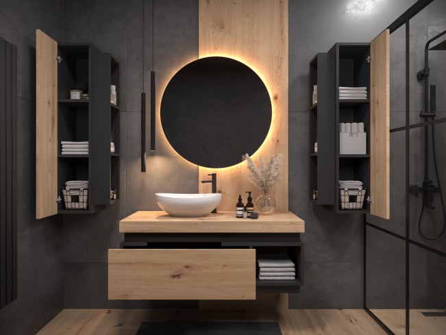 Łazienka Koda 2 dąb lefkas/czarny mat zestaw mebli wiszących