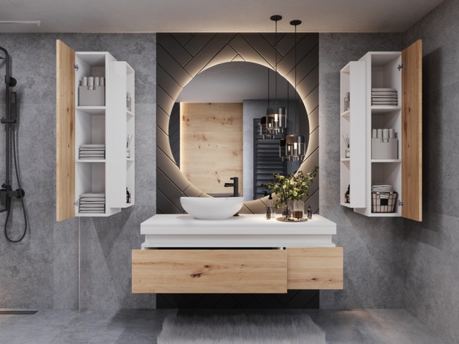 Łazienka Seli 2 biały mat/dąb lefkas zestaw mebli wiszących